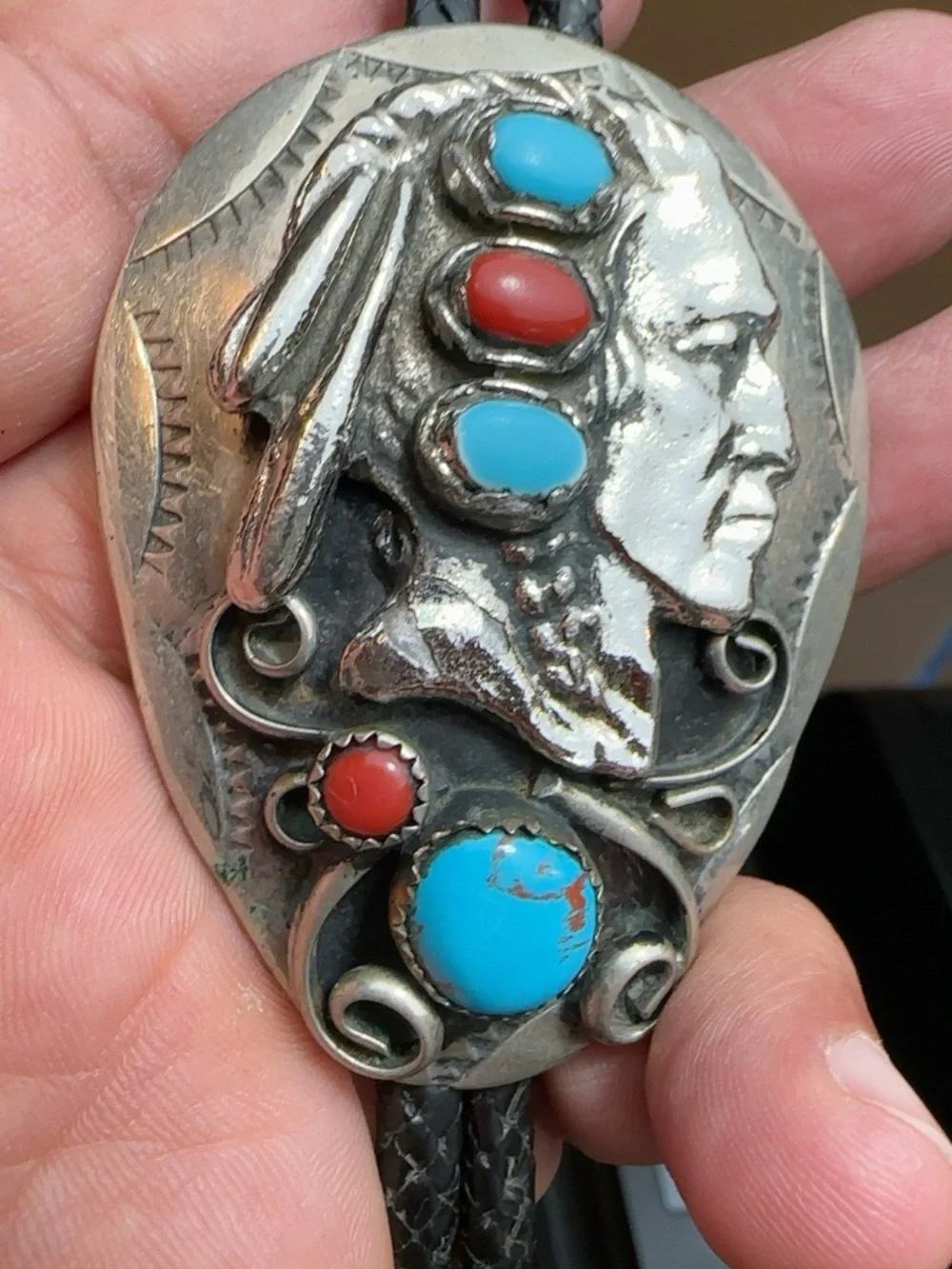 Vintage Oversized Native American Silver Turquoise & Coral Bolo Tie